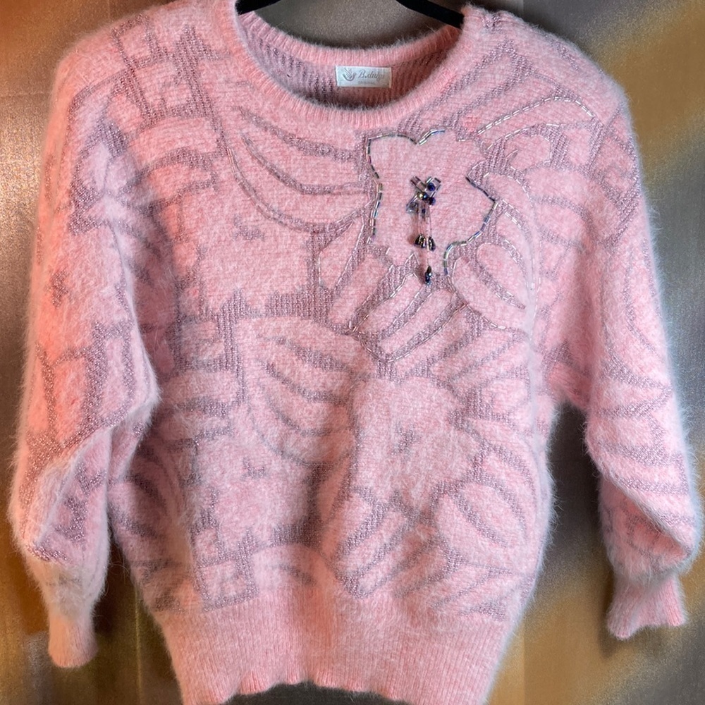 Vintage 80’s‎ pink beaded angora luscious pink sweater. Size S 42” chest. 131
